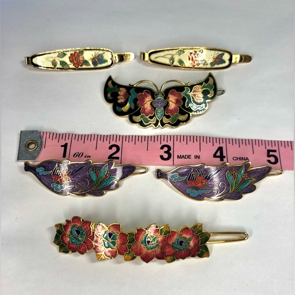 Vintage Cloisonne Enamel Butterfly Hair Barrette Bundle Butterfly Birds Flowers
